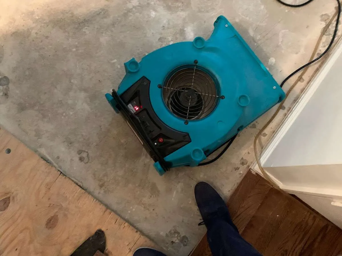 Air mover drying subfloor during Leak Detection & Repair in Hyattsville